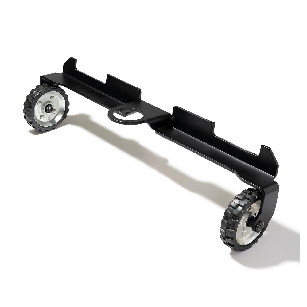The GUNNER KENNEL WHEEL KIT features a black metal frame with two rugged wheels on each end and a central round plate, designed to easily roll or support your kennel.