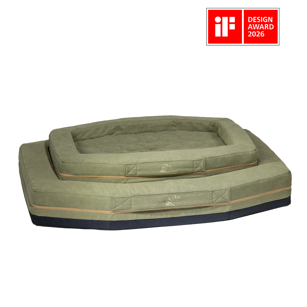 Two green rectangular pet beds of different sizes are stacked on top of each other, perfect for a dog crate or dog kennel. In the top right corner, there is a red iF Design Award 2026 logo. The background is plain light gray.