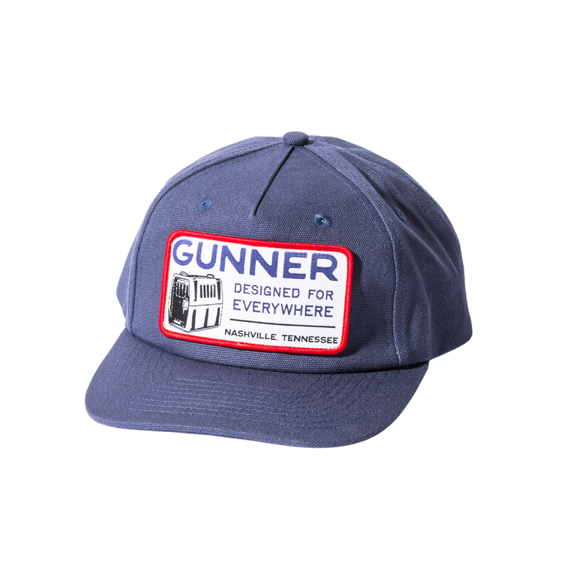 The GUNNER Kennel Patch Hat features a red, white, and blue GUNNER DESIGNED FOR EVERYWHERE NASHVILLE, TENNESSEE patch with a bus graphic—ideal for fans of versatile style or durable dog gear.