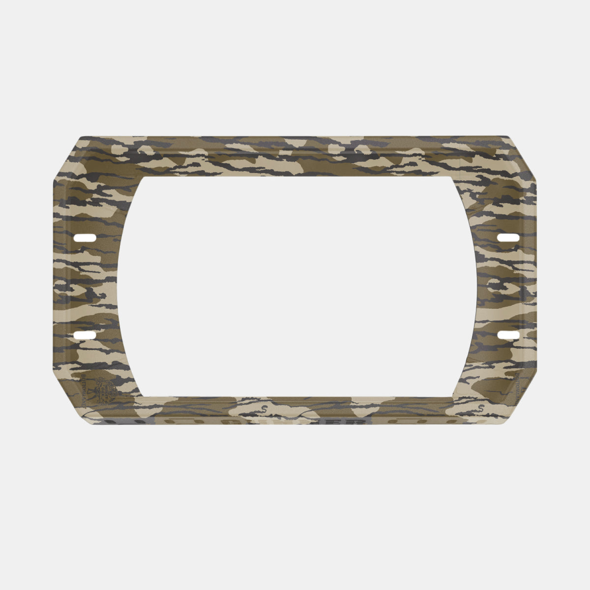 A rectangular Mossy Oak Bottomland-patterned license plate frame by GUNNER, featuring four mounting holes and shown on a plain white background—ideal for adding rugged style to your Kennel Rack while optimizing your truck bed space.