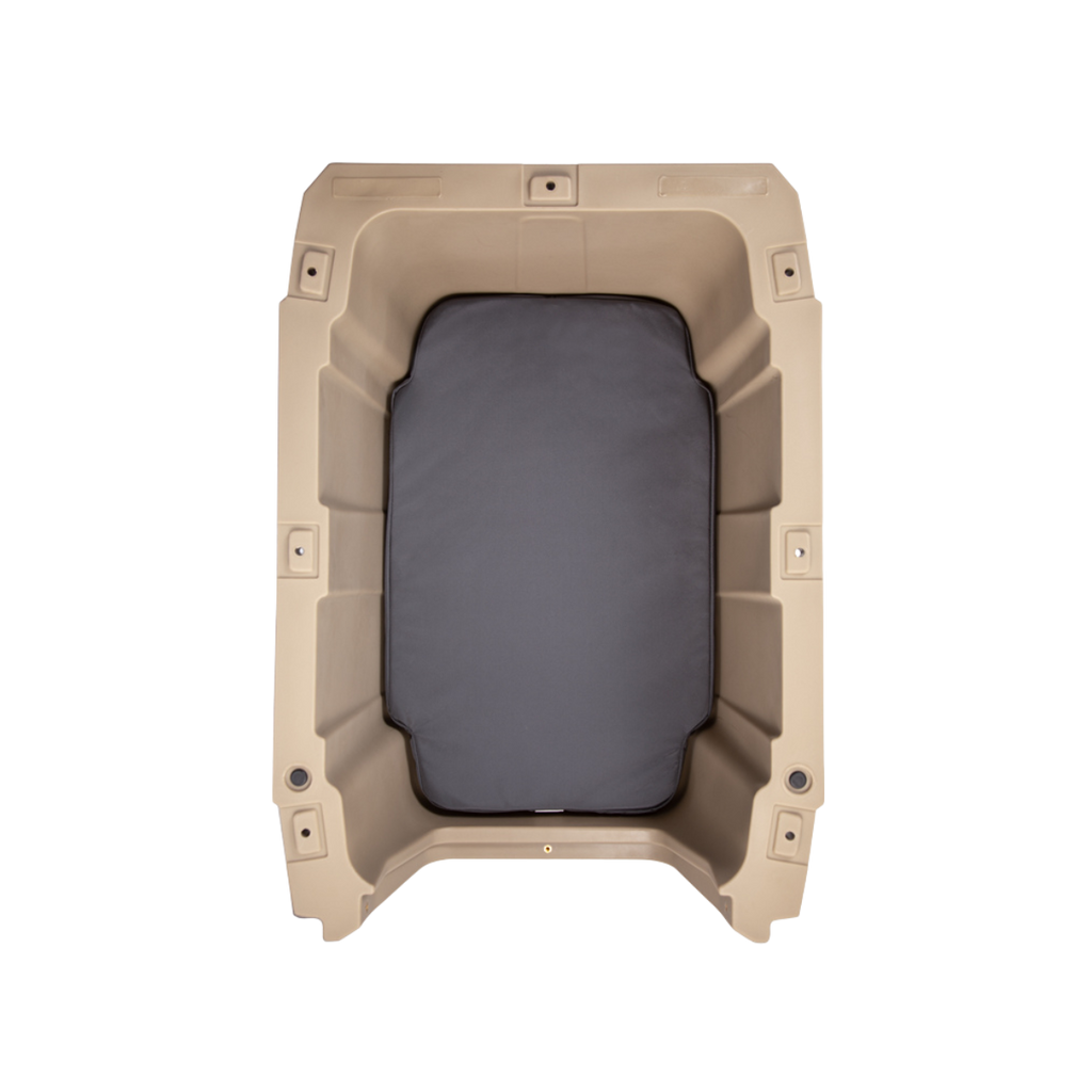 A top-down view of the GUNNER ORTHOPEDIC KENNEL BED shows a beige plastic container with molded edges and reinforced corners, holding a fitted rectangular gray orthopedic dog pad inside.