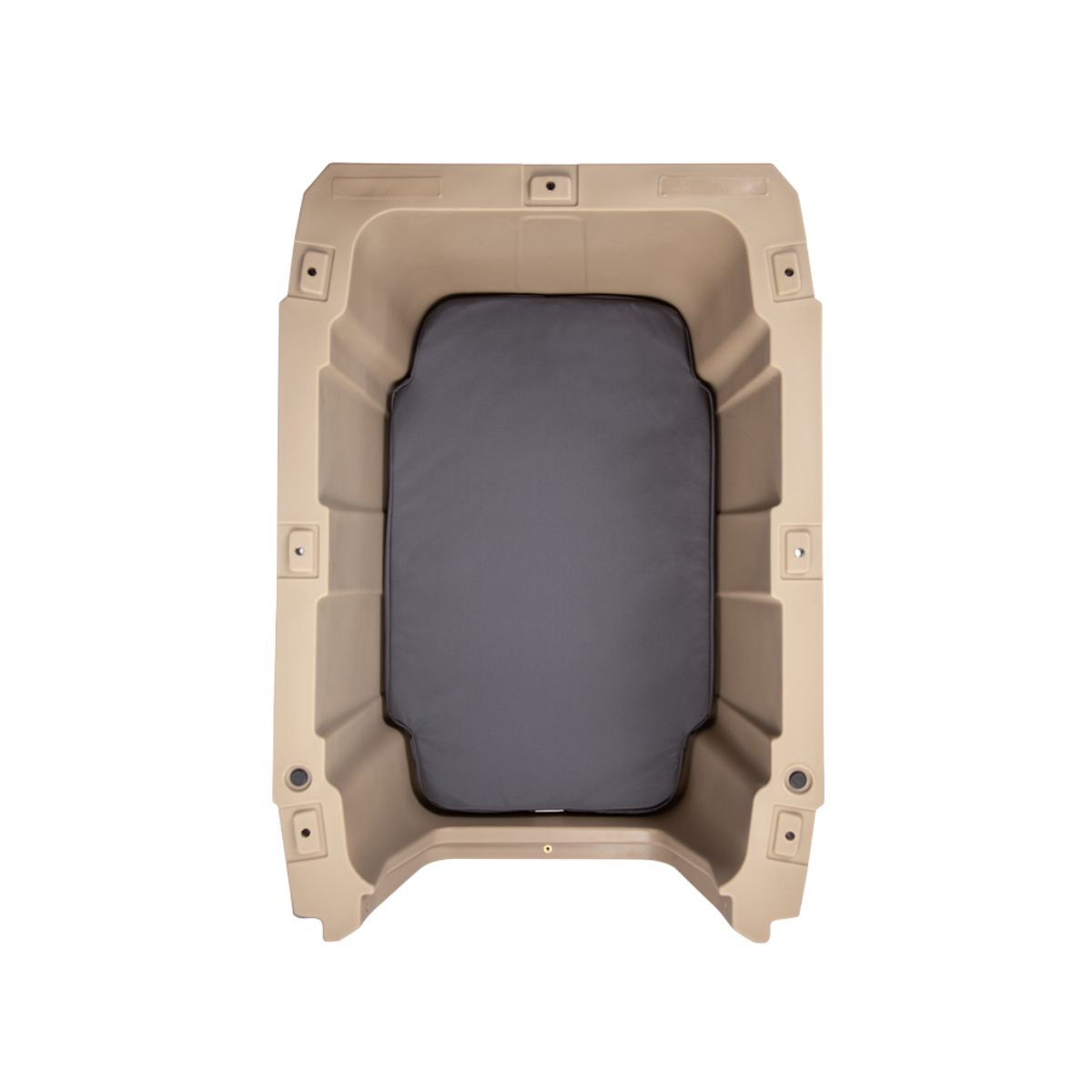 Top view of the GUNNER ORTHOPEDIC KENNEL BED: a beige rectangular plastic container with a gray cooling memory foam dog pad inside, set against a white background.