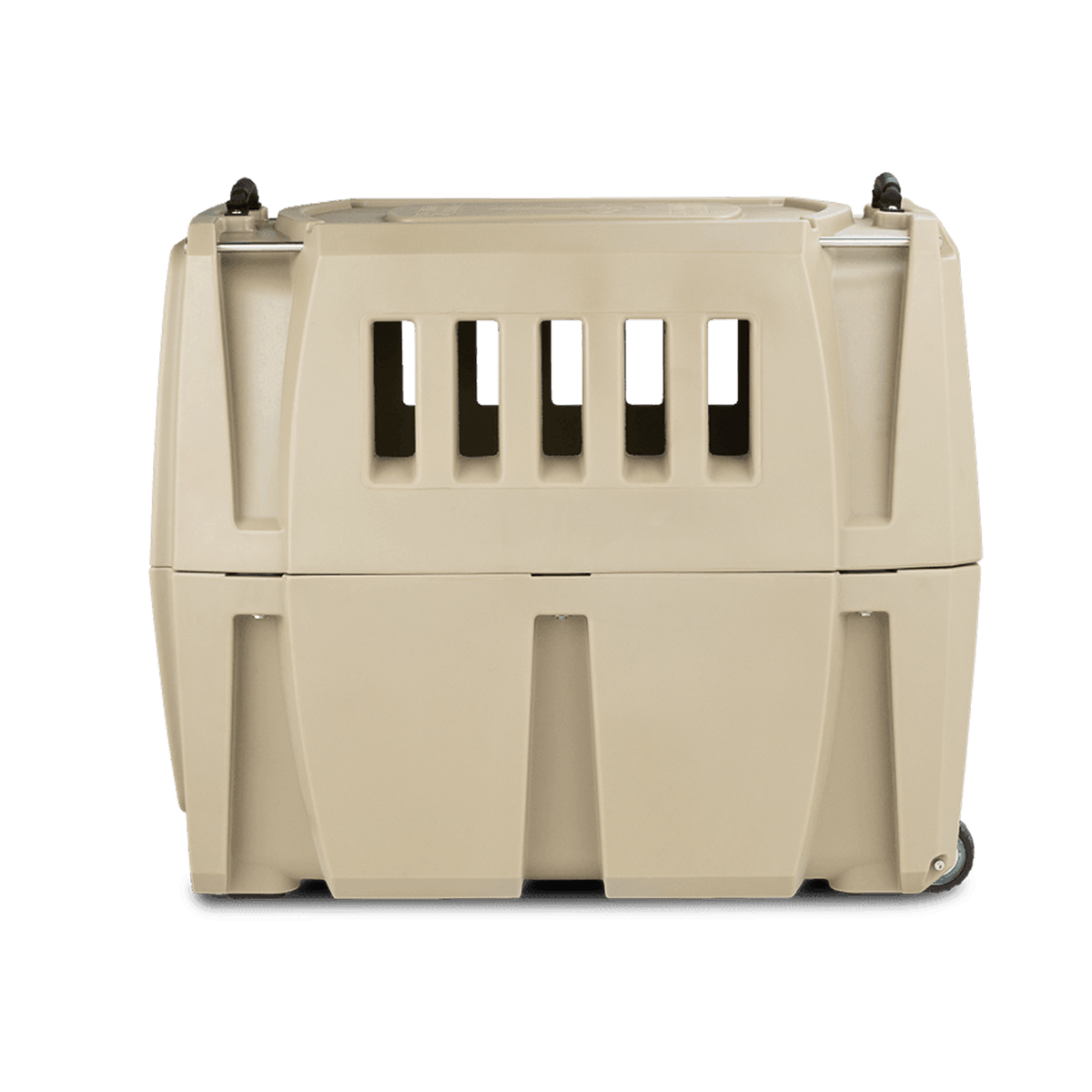 The GUNNER G1™ KENNEL - TAN/SHADOW GRASS is a durable pet crate with front ventilation, wheels, and a secure design—perfect for duck hunters seeking the safest travel solution for their dogs.