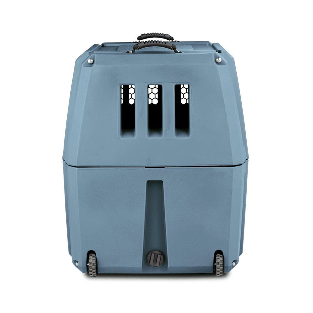 The GUNNER G1™ KENNEL - Ducks Unlimited Blue is a hard-sided pet carrier with upper mesh, ventilation slats, top handle, and two wheels for easy transport—ideal for waterfowl trips. Pictured on a white background.
