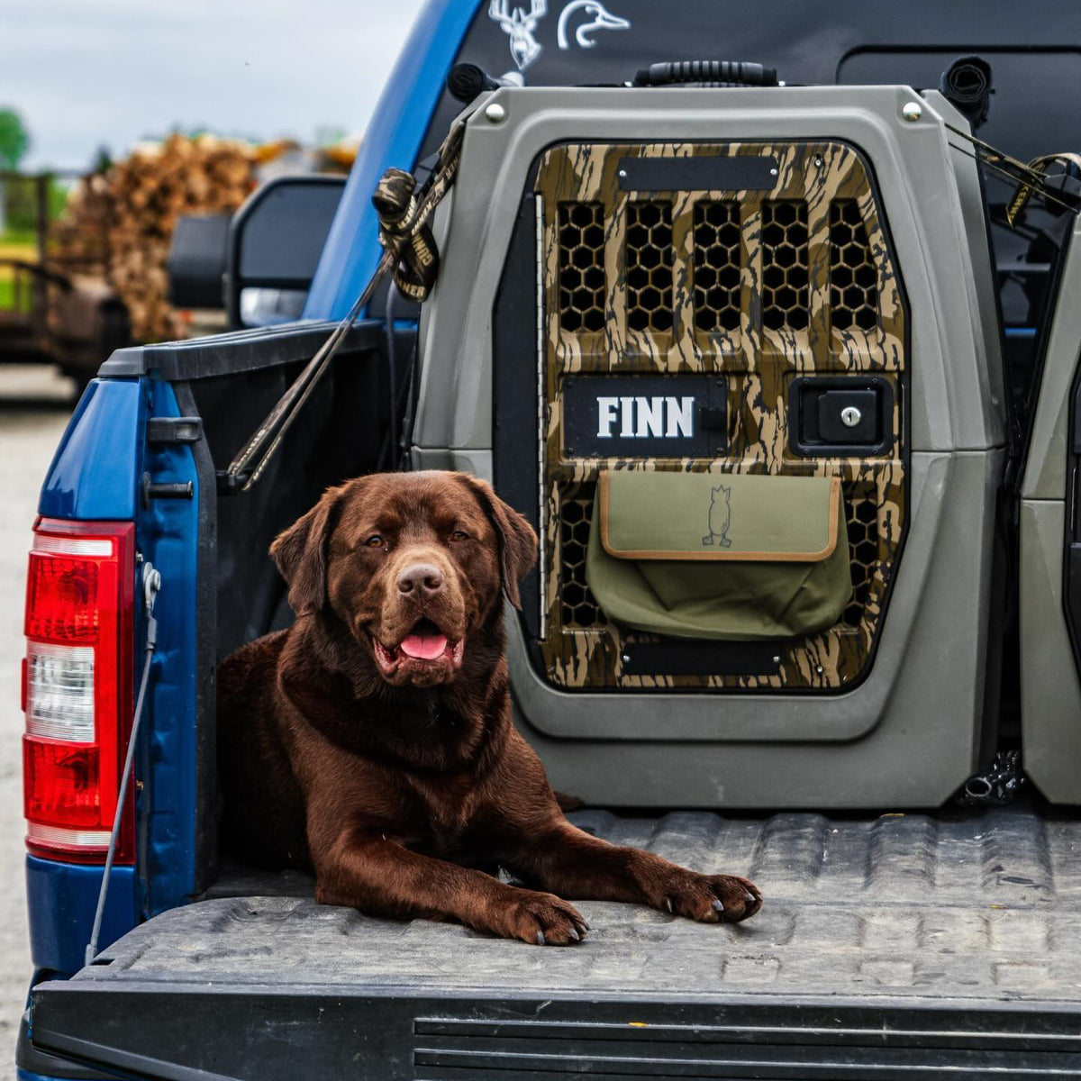 A chocolate Labrador retriever lies on the open tailgate of a blue truck. Behind the dog is a GUNNER G1™ KENNEL - MOSSY OAK BOTTOMLAND GUNMETAL. Logs and greenery fill the background.