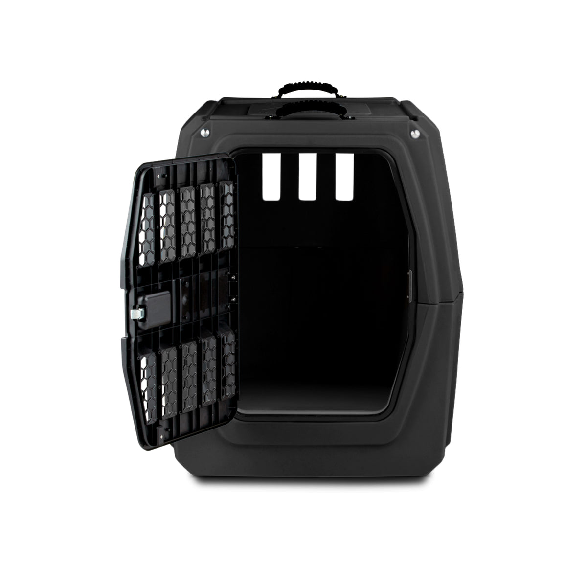 The GUNNER G1™ KENNEL - BLACK is a safe dog crate with a grated door partially open and side ventilation holes, displayed on a white background.