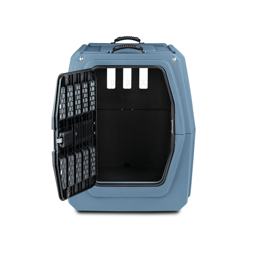 The GUNNER G1™ KENNEL - Ducks Unlimited Blue features a black grated side-opening door, spacious interior, three rear ventilation holes, and a top handle—perfect for waterfowl habitat conservation trips.
