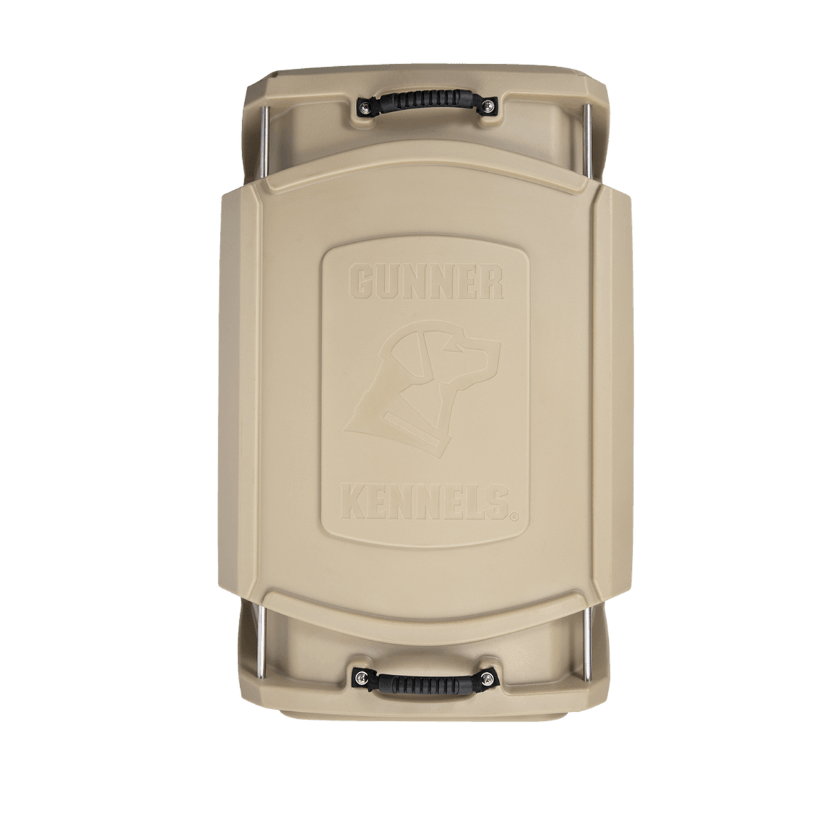 The GUNNER G1™ KENNEL - TAN/SHADOW GRASS is a tan, rectangular dog crate with black handles and an embossed dog logo. Ideal for duck hunters seeking safety. Set against a plain white background.