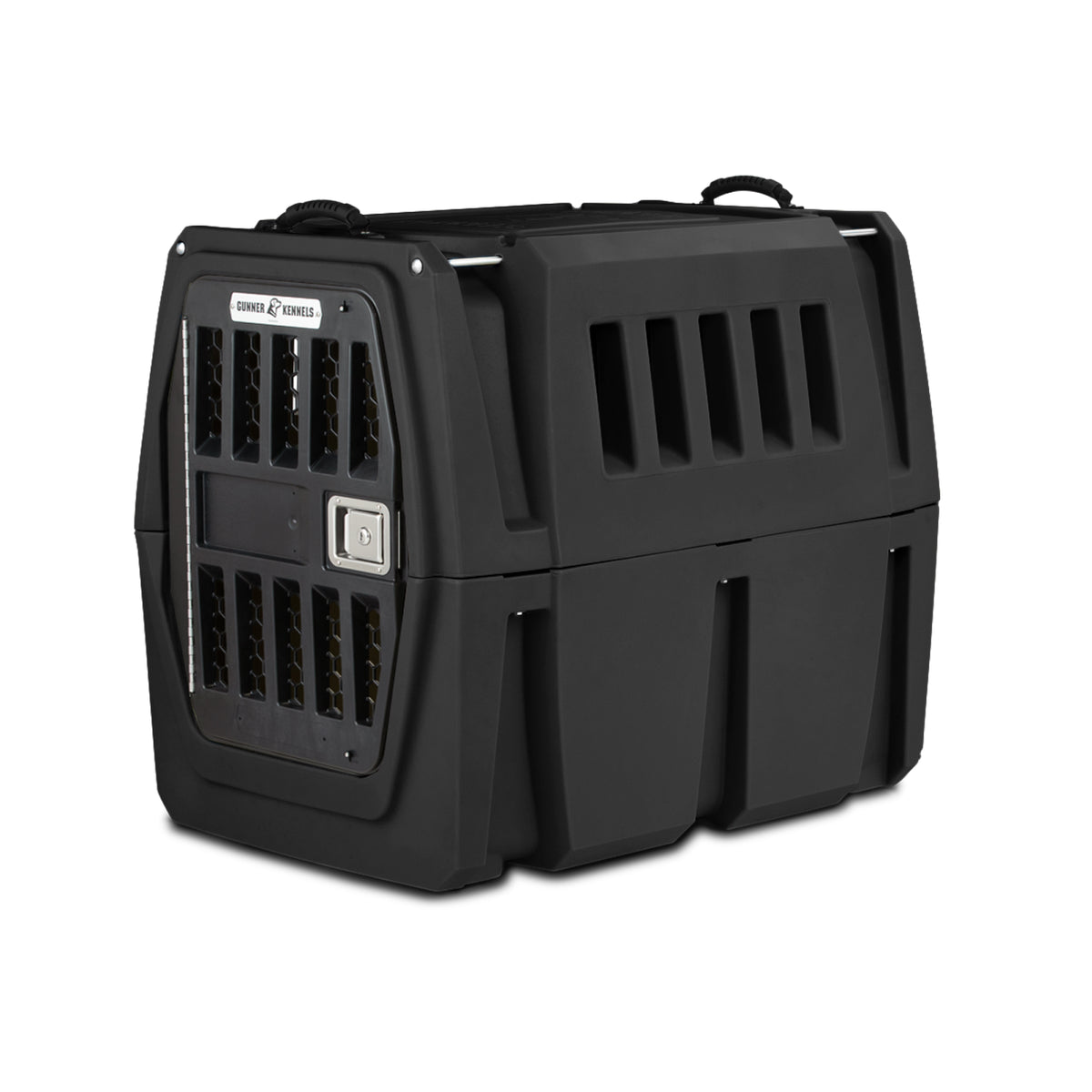 The GUNNER G1™ KENNEL - BLACK is a large, durable dog crate with a metal door, side ventilation slats, and top carrying handles, designed for safe animal transport.