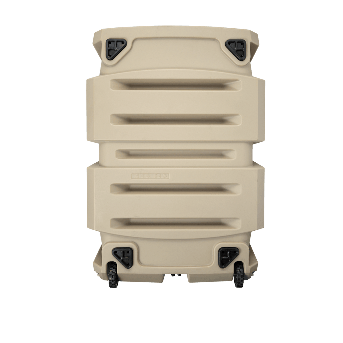 The GUNNER G1™ KENNEL - TAN/SHADOW GRASS is a spacious, hard-shell rolling dog crate with black corner handles and two wheels—perfect for duck hunters seeking top safety—shown against a plain white background.