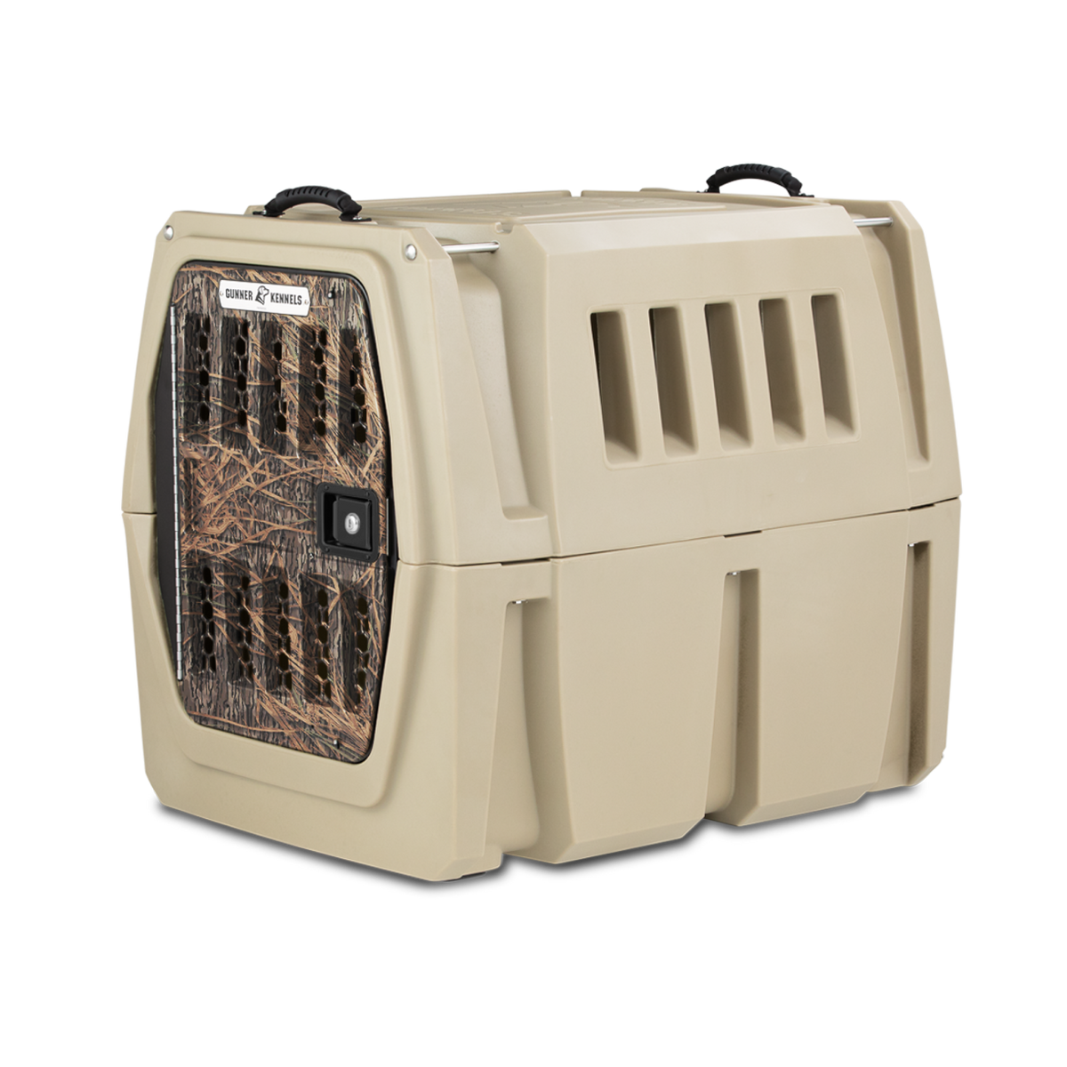The GUNNER G1™ Kennel - GUNNER YARD is a tan, double-walled kennel with black handles, a camo-patterned front door, and side ventilation slats for airflow and shock protection for your pet.