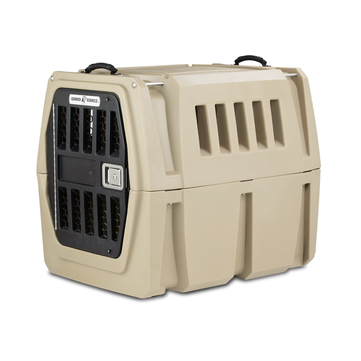 The GUNNER G1™ KENNEL - TAN is a sturdy, beige double-walled dog crate with a black metal vent door and side handles, offering shock protection for safe animal transport.