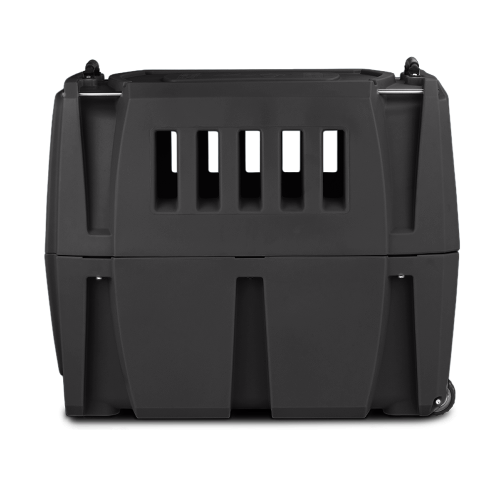 The GUNNER G1™ KENNEL - BLACK is a durable dog crate featuring front ventilation slots, strong top handles, and lower corner wheels, shown against a white background.