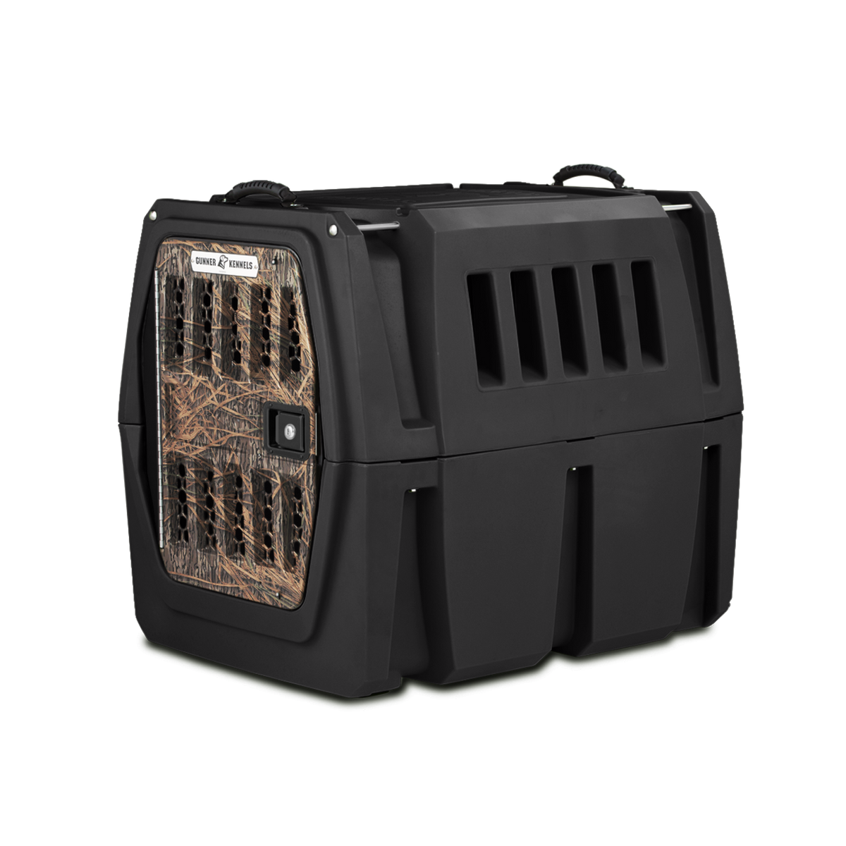 The GUNNER G1™ KENNEL in Black/Shadow Grass features a vented camouflage-patterned front door, side air vents, and top handles—perfect for duck and goose hunters seeking the safest dog crate for transport.