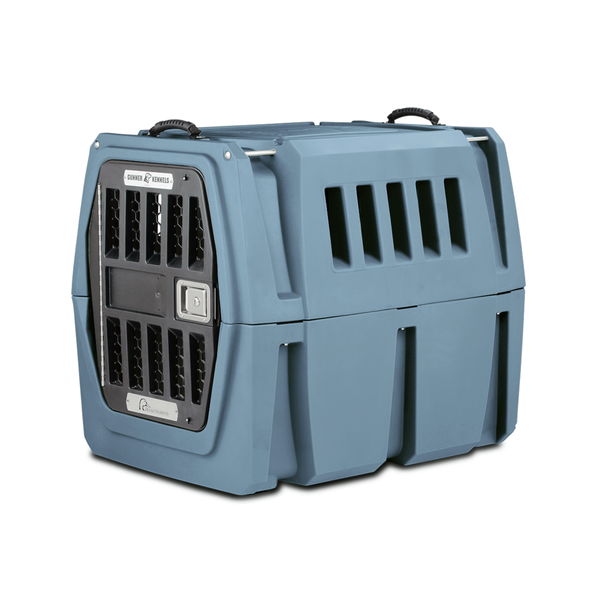The GUNNER G1™ KENNEL - Ducks Unlimited Blue features side ventilation slats, a black metal front door, and top carrying handles—perfect for safely transporting animals to waterfowl habitats or Ducks Unlimited events.