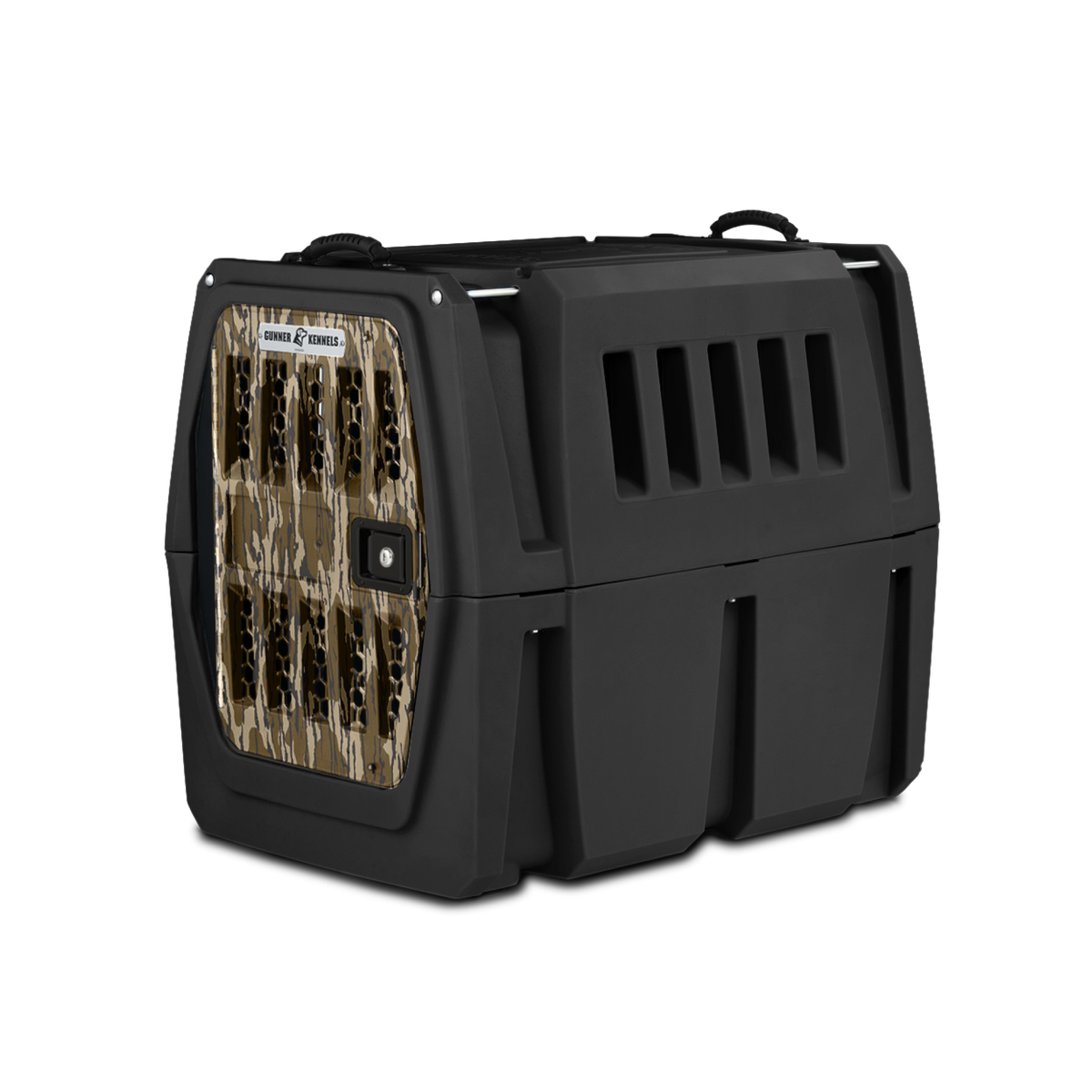 The GUNNER G1™ KENNEL - Mossy Oak Bottomland Black is a durable dog crate with ventilation slats and a camo-metal door with secure latch, built for safe animal transport.