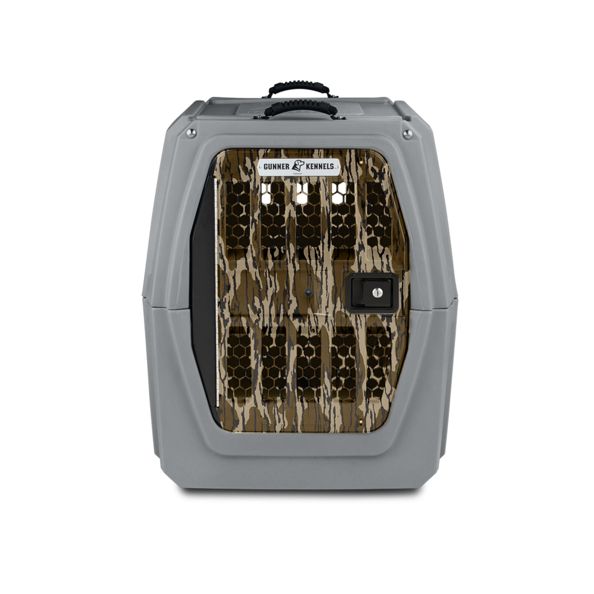 The GUNNER G1™ Kennel - Mossy Oak Bottomland Gunmetal is a heavy-duty, gray pet kennel with a camouflage-patterned door, ventilation holes, secure lock, and the GUNNER logo at the top.
