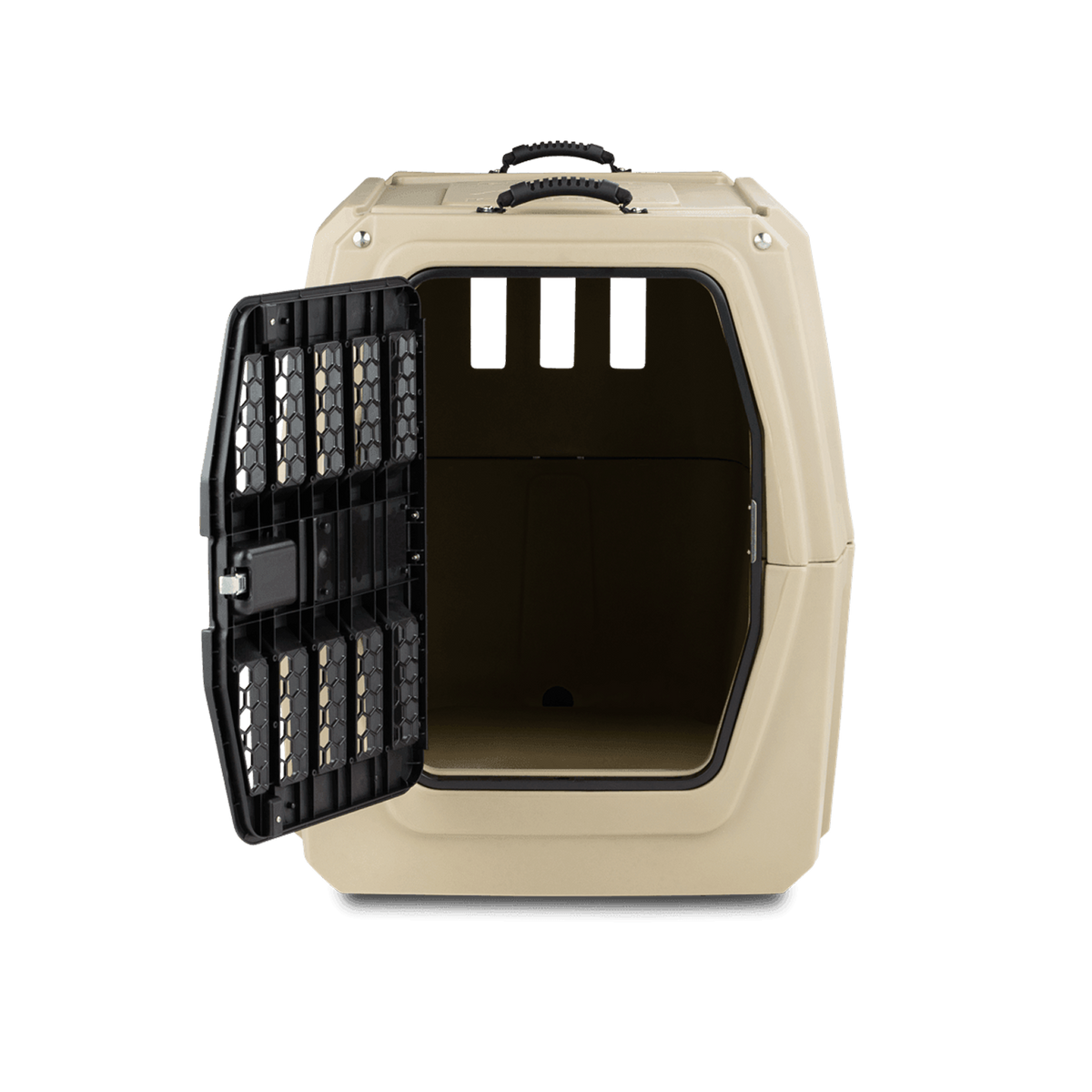 The GUNNER G1™ KENNEL - TAN/SHADOW GRASS is a durable beige dog crate with a black metal door, interior ventilation slots, and top handle—perfect for duck hunters. Shown empty against a plain white background.