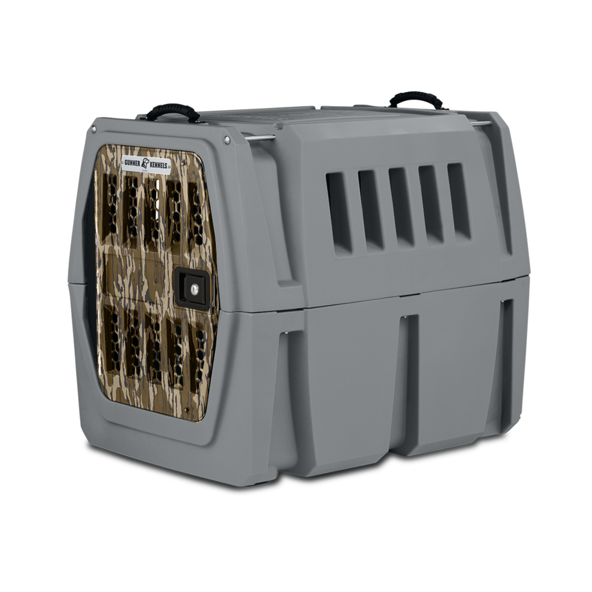 The GUNNER G1™ KENNEL – MOSSY OAK BOTTOMLAND GUNMETAL is a durable gray dog crate with ventilation slots, a camo-patterned metal door, secure latch, and top carrying handles.