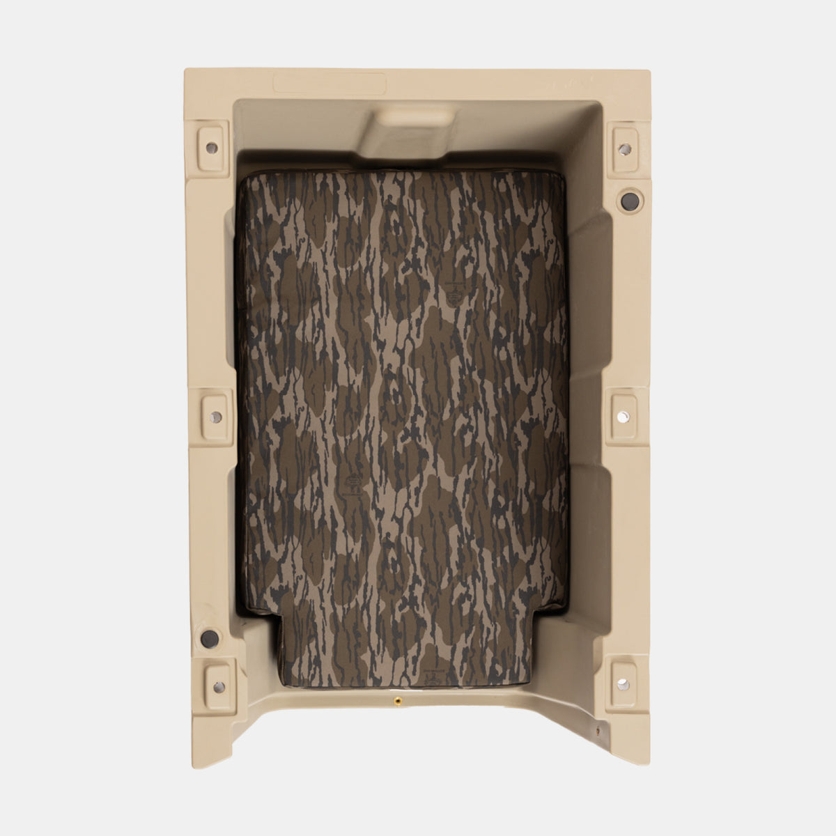 The GUNNER LONG HAUL BED is a rectangular tan kennel bed featuring a camouflage-patterned panel, viewed from above on a plain white background.