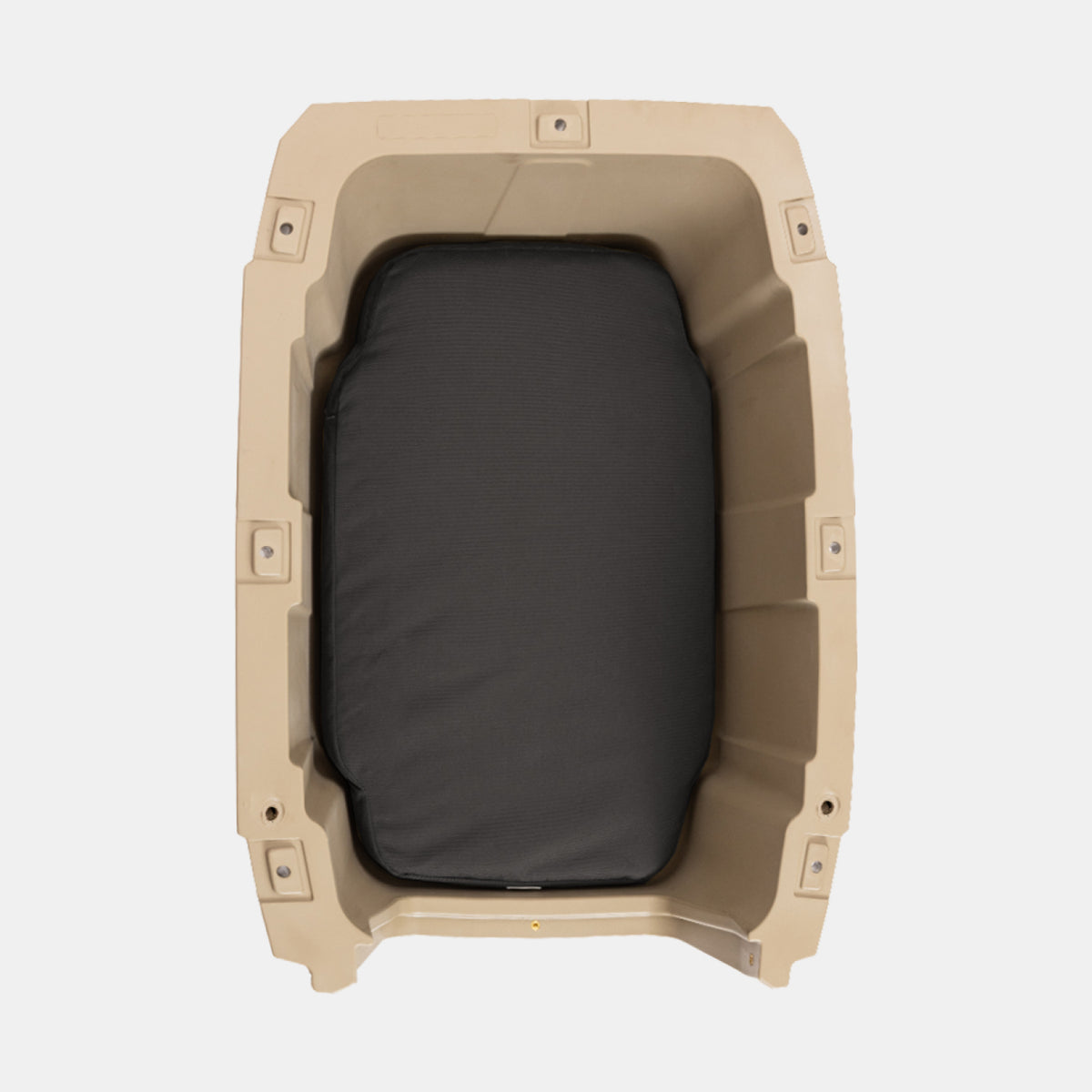 Top view of the LONG HAUL BED by GUNNER—a beige, rectangular, hard plastic dog bed with rounded corners and a black cushioned pad inside—designed for comfort and support, set against a plain white background.
