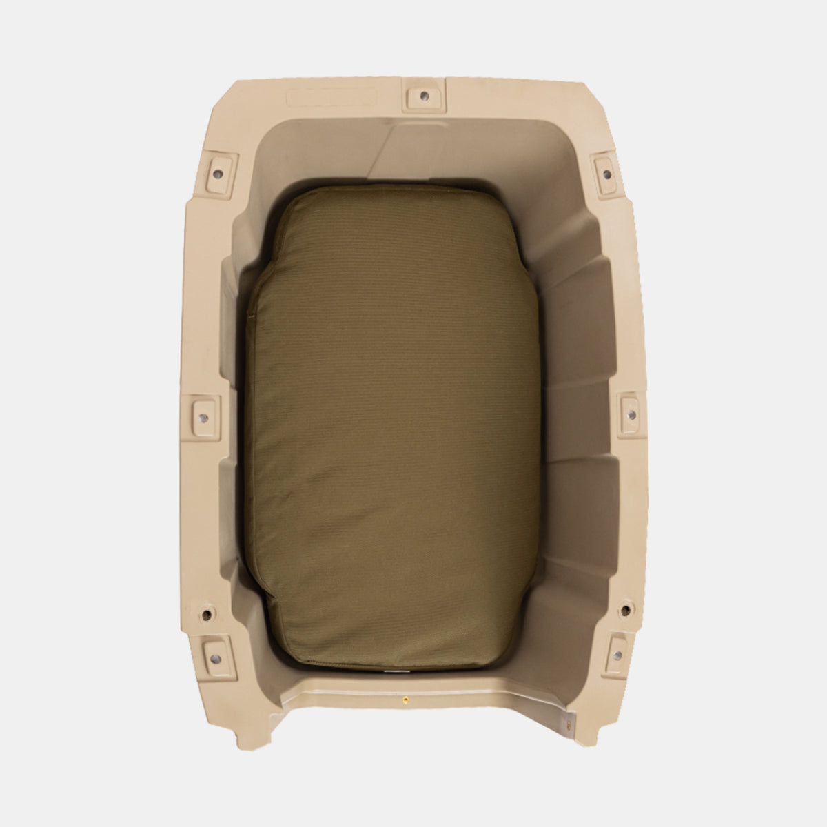 The GUNNER LONG HAUL BED, a beige rectangular plastic dog bed with a greenish-brown cushion, is shown from above on a white background.