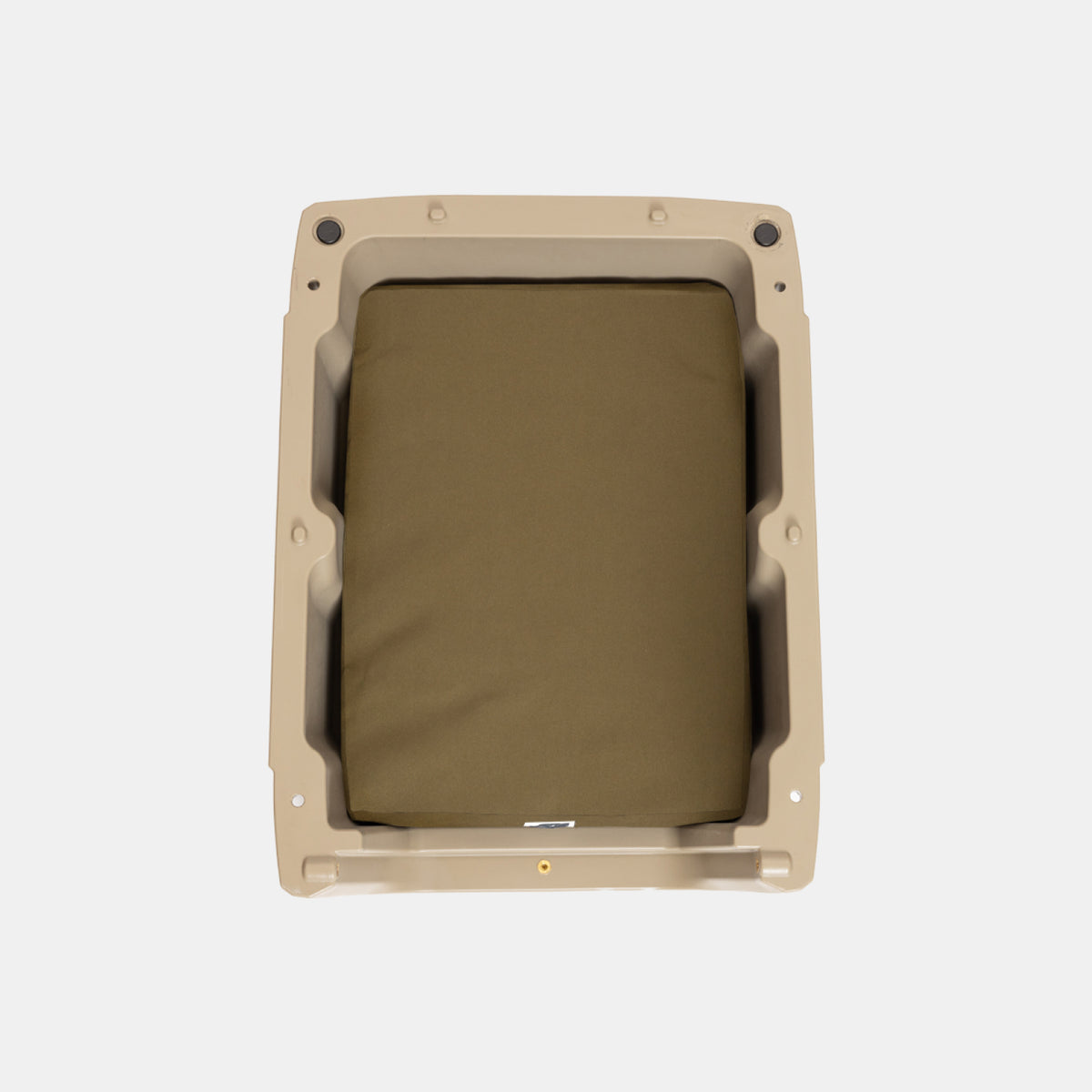 The GUNNER LONG HAUL BED is a durable dog bed with a tan rectangular plastic frame and a greenish-brown cushioned insert, shown from above on a plain white background.