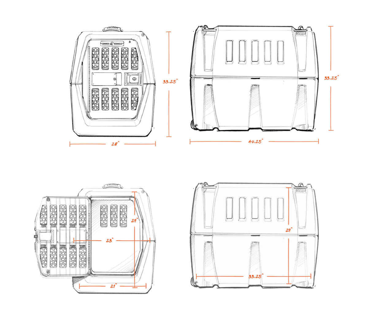 Technical sketches of a kennel-style pet carrier shown from four angles—front, back, side, and top—with detailed orange dimension lines and measurements, including height (35.25), width (28), and depth (40.25).