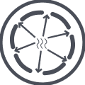 A circular icon with arrows radiating outward and three wavy lines in the center, symbolizing air flow or heat distribution—ideal for illustrating ventilation in a dog kennel or hunting dog shelter.