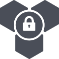 A dark gray icon with a central padlock symbol inside a circle, surrounded by three connected geometric shapes forming a triangular pattern, representing the security or protection of a hunting dog or working dog.