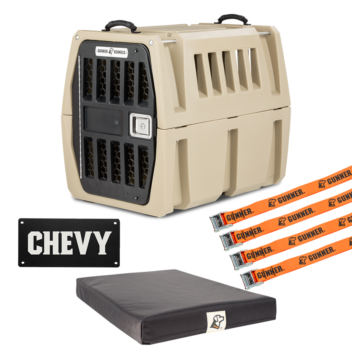 The GUNNER Long Haul Bundle includes a tan hard-sided crate with a personalized CHEVY name plate, three orange crash-tested strap kits, and a black orthopedic kennel bed with logo tag.