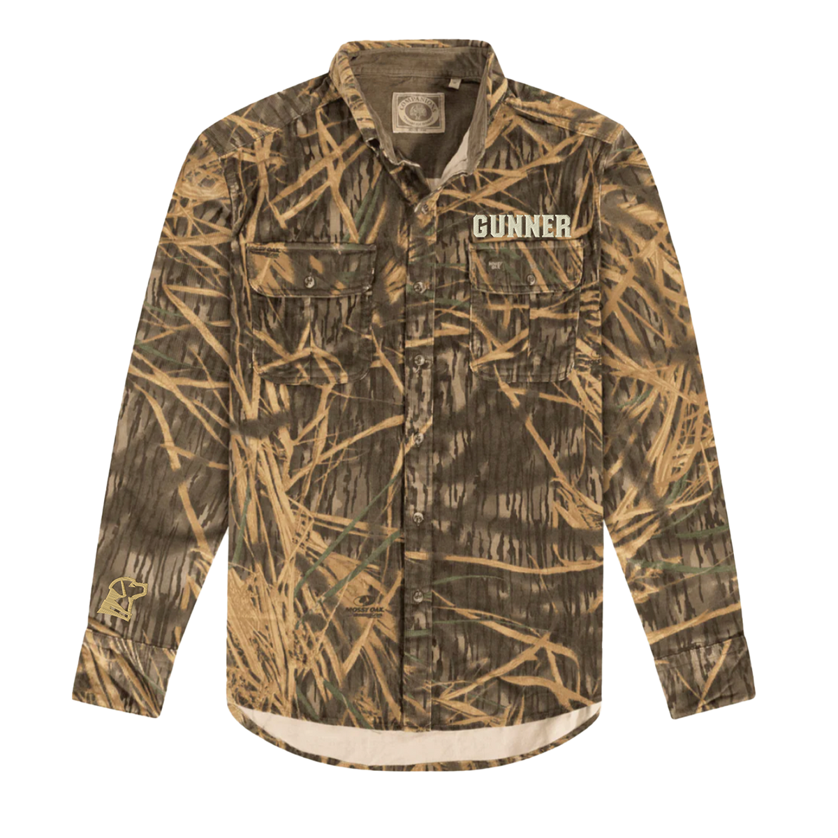 The GUNNER Late Season Long Sleeve Corduroy Mossy Oak OG Shadow Grass shirt features a brown and green camouflage pattern, bold GUNNER embroidery on the left chest, and a small sleeve logo.