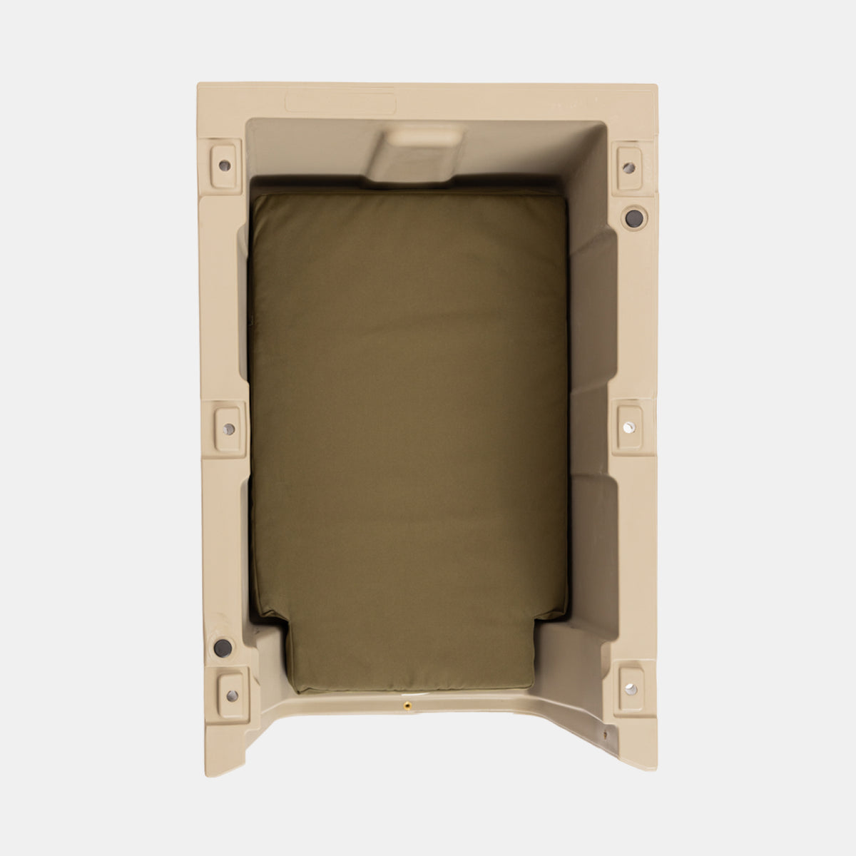 The GUNNER LONG HAUL BED is a beige, rectangular plastic container with an olive green padded cushion—ideal as a durable dog bed or cozy kennel bed for your pet, shown from above on a white background.