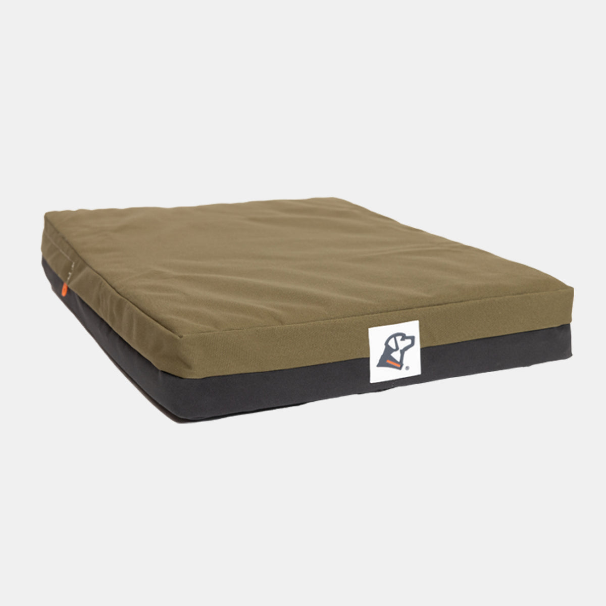 A rectangular olive green and black dog kennel bed with a small white logo tag on the front, displayed against a plain white background.