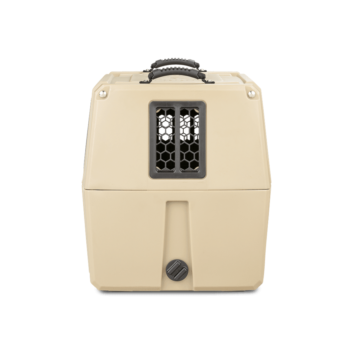 The GUNNER G1™ KENNEL - TAN/SHADOW GRASS is a tan hard plastic pet carrier with a black handle and front mesh window for ventilation, shown against a plain white background.