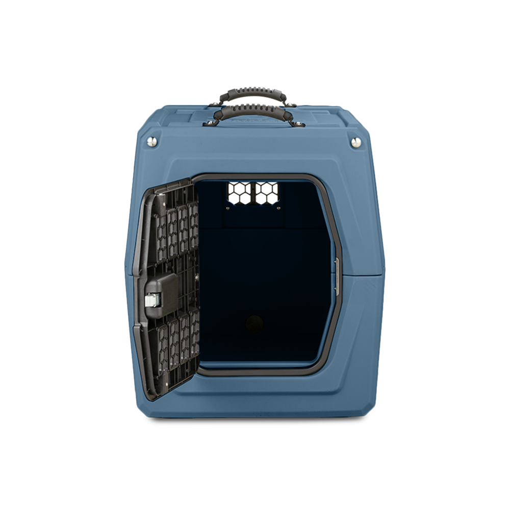 A Ducks Unlimited Blue G1™ KENNEL by GUNNER with a black metal door swung open shows its dark interior. It features two top handles and side/back ventilation—ideal for waterfowl habitat trips.
