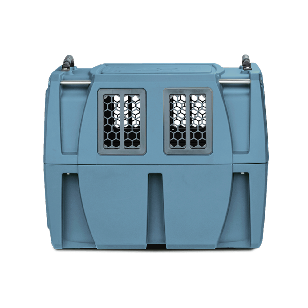 The GUNNER G1™ KENNEL - Ducks Unlimited Blue is a hard-shell pet carrier with two black mesh front windows for ventilation and visibility, perfect for supporting adventures in waterfowl habitats. Shown on a plain white background.