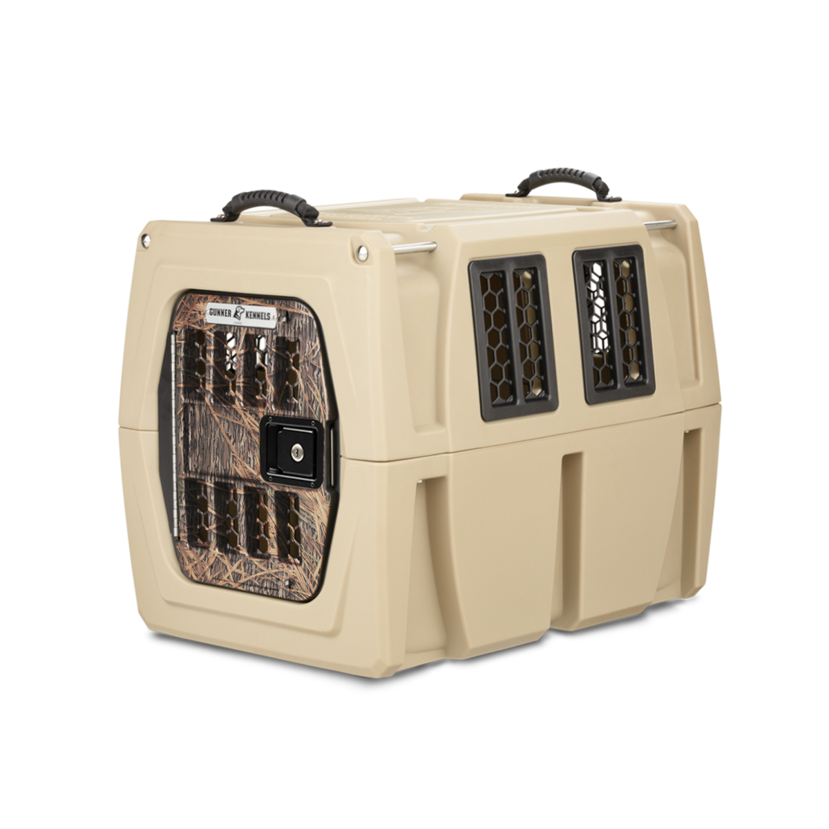 The GUNNER G1™ KENNEL - TAN/SHADOW GRASS has a beige camo design with a camouflage-patterned door, black ventilation grilles, and sturdy top handles—crafted to be one of the safest dog crates for your pet.