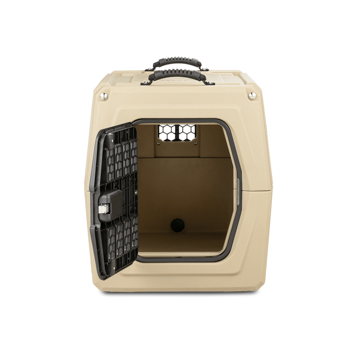 The GUNNER G1™ KENNEL - TAN/SHADOW GRASS is a hard-sided tan crate with a black metal door, two top handles, Mossy Oak style, and a rear ventilation window—perfect for duck hunters.