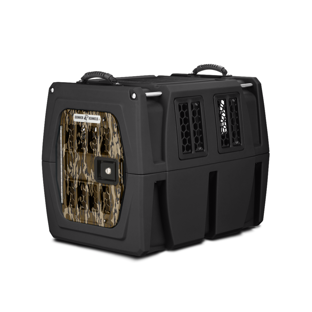 The GUNNER G1™ KENNEL - MOSSY OAK BOTTOMLAND BLACK is a tough dog crate with ventilated side panels, sturdy top handles, and a front door in a brown and tan camouflage pattern.