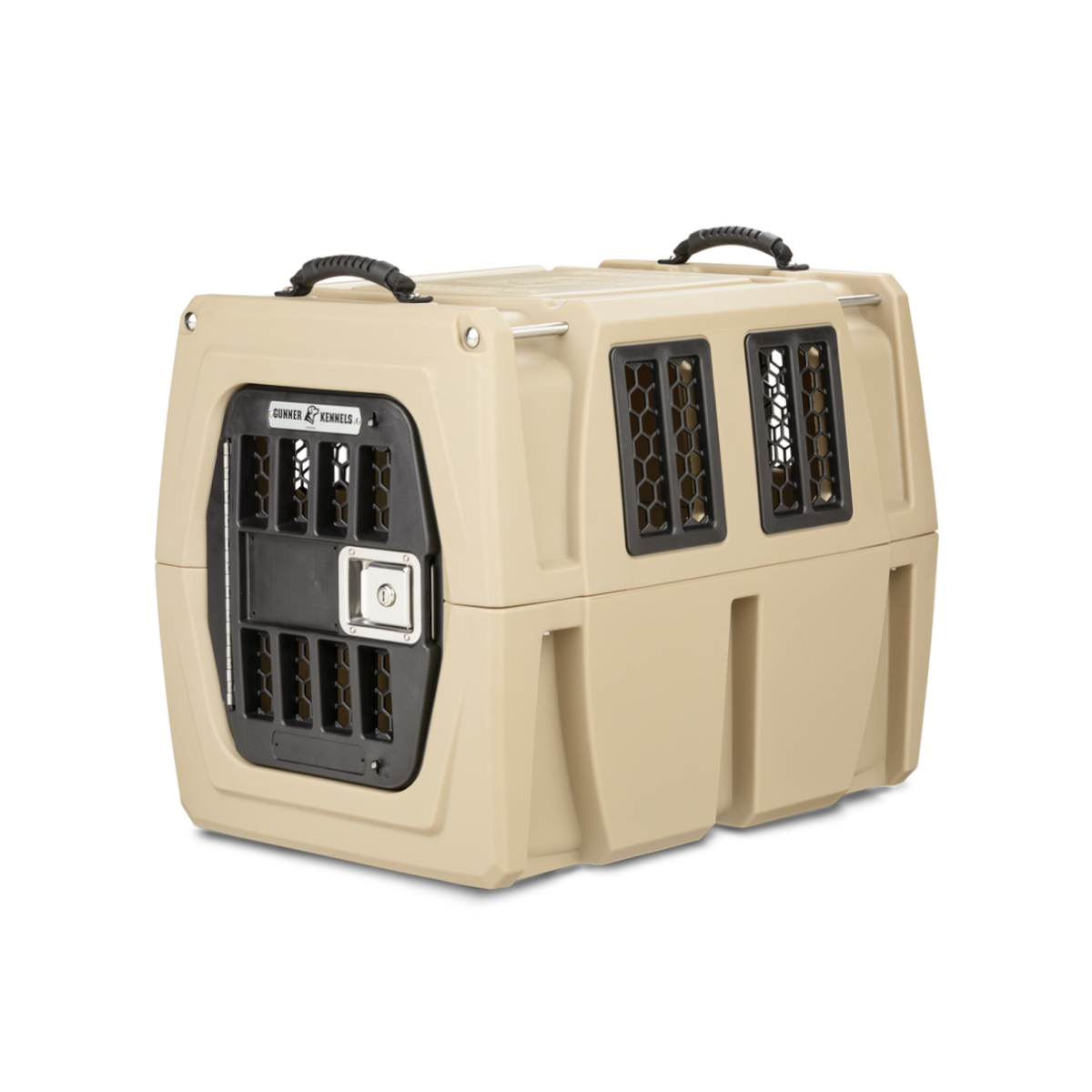 The GUNNER G1™ KENNEL - TAN is a double-walled dog crate with black ventilation grates and handles for extra shock protection, making it one of the safest pet carriers. Shown here against a plain white background.