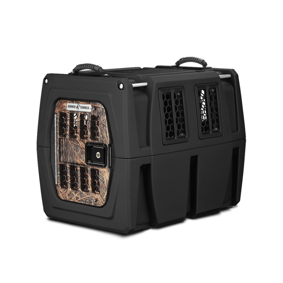 The GUNNER G1™ KENNEL - BLACK/SHADOW GRASS features a camouflage-patterned door, sturdy top handles, and side ventilation—ideal for duck hunters—displayed on a plain white background.