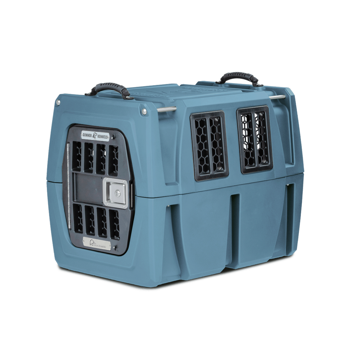 The GUNNER G1™ KENNEL - Ducks Unlimited Blue is a durable, blue kennel with black handles, ventilation windows, and a secure metal door—perfect for safely transporting animals to waterfowl habitats.
