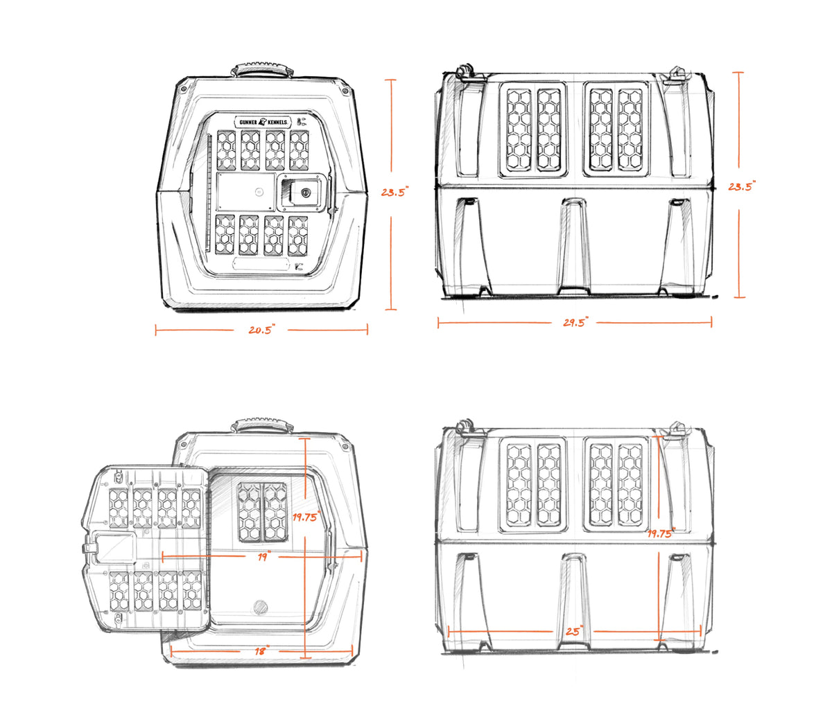 Technical sketches of a rectangular dog kennel in different views (front, side, open, and back), with orange measurement lines indicating dimensions: 23.5 inches tall, 23.5 inches wide, and 22.5 inches deep.