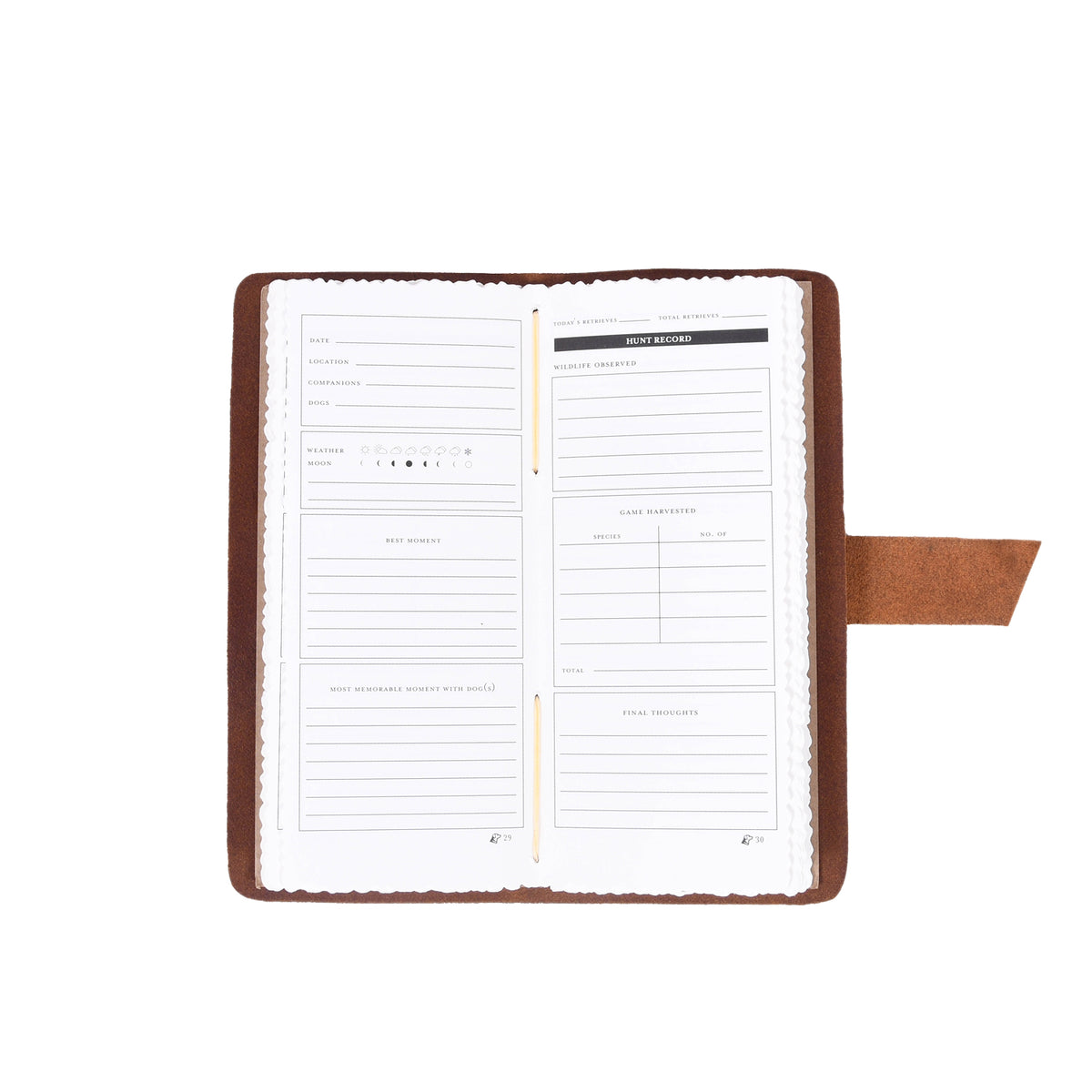 The GUNNER Hunting Log by GUNNER is an open brown leather journal on a white background, showing pages with sections for date, intentions, gratitude, achievements, mood, lessons, reflections, and final thoughts.