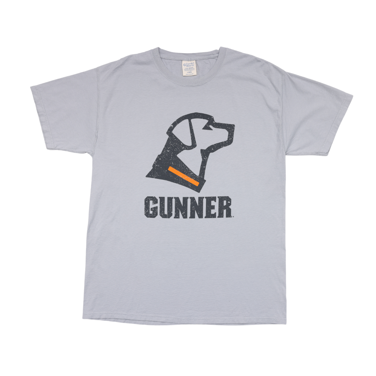 The OG TEE SHIRT by GUNNER is a light gray 100% cotton tee with a black outline graphic of a dog’s head with an orange collar above the bold black GUNNER logo on the front.