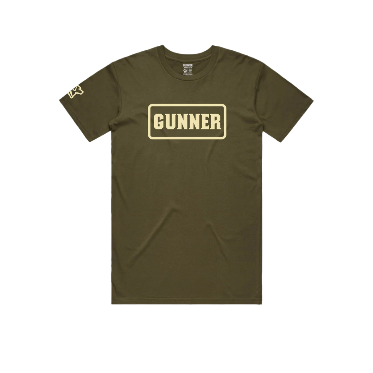 The GUNNER Pack Tee by GUNNER is a heavy-weight olive green shirt with “GUNNER” in bold beige letters inside a rectangle on the chest and a small logo on the left sleeve, shown laid flat on a white background.