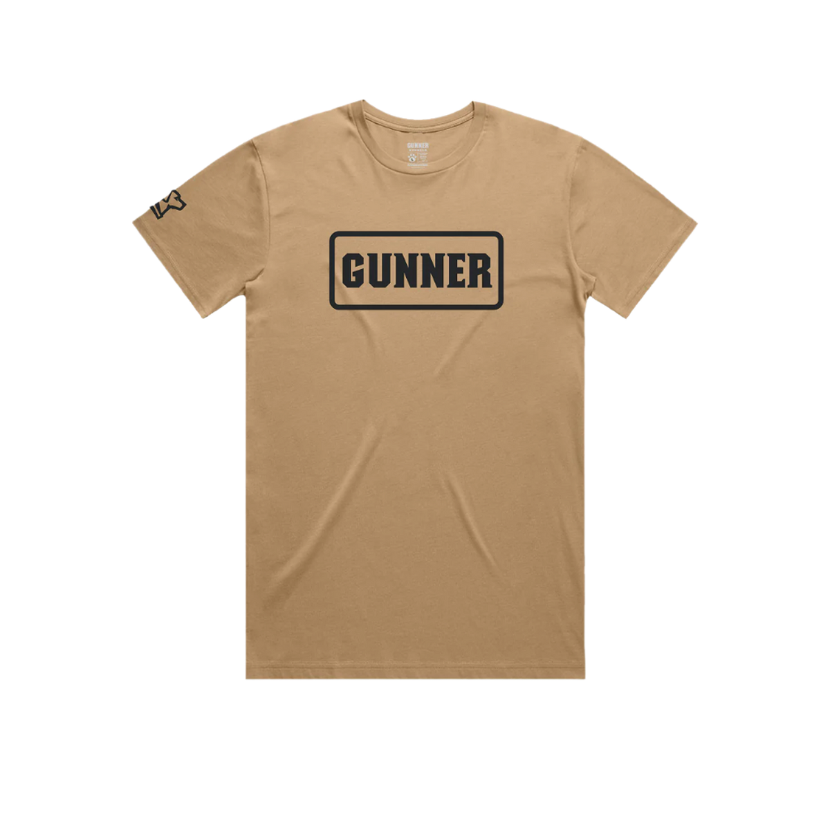 The GUNNER Pack Tee by GUNNER is a tan, heavyweight short-sleeve shirt with GUNNER in bold black letters inside a rectangular border on the chest and a small black graphic on the left sleeve.