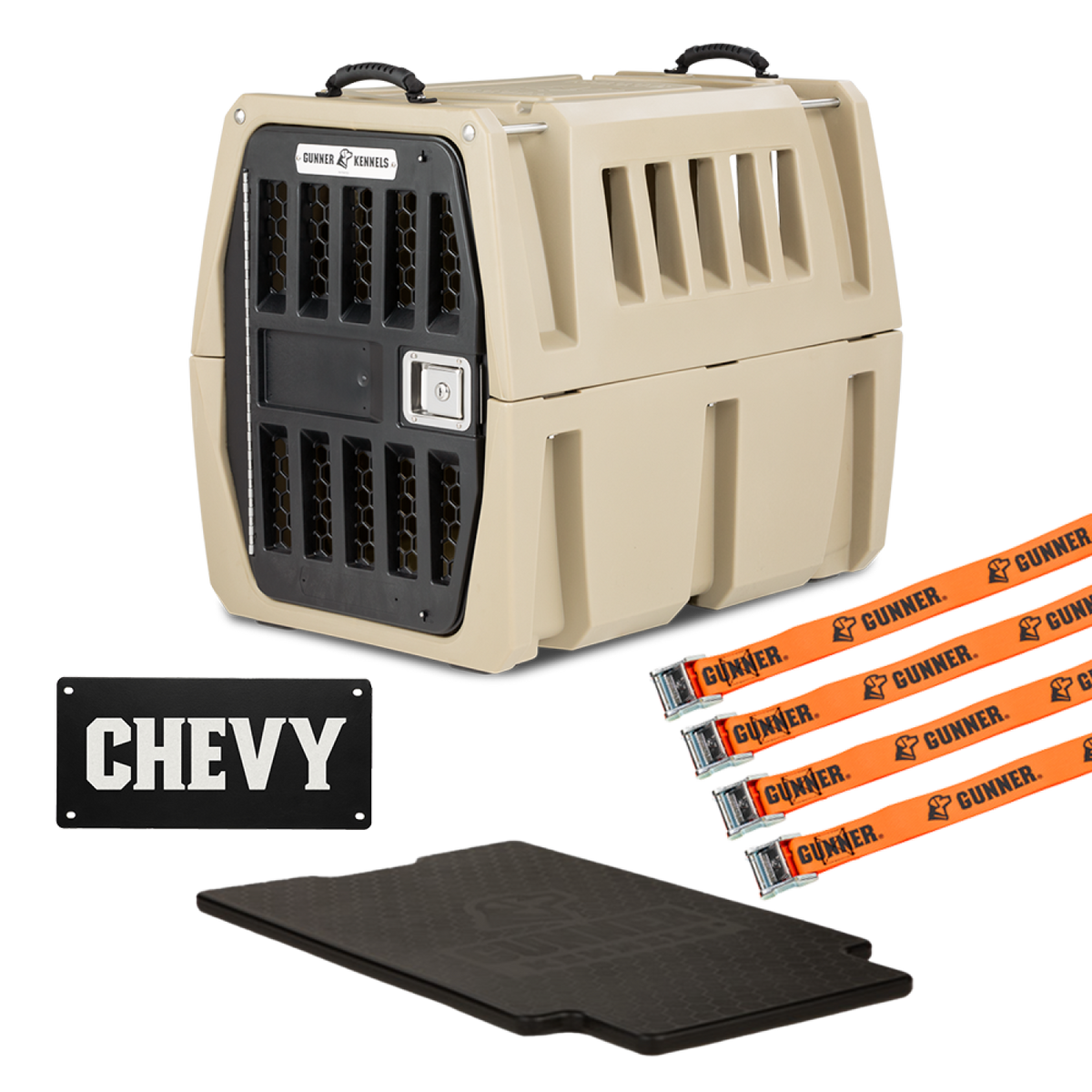 The GUNNER Performance Bundle includes a tan plastic dog kennel with black metal door, three orange GUNNER tie-down straps, a Performance Kennel Pad, and a black name plate reading CHEVY—ideal for your Road Warrior setup.