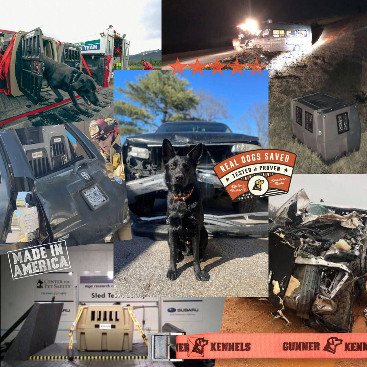 Collage of images showing a black hunting dog near a crashed car, overturned vehicles, damaged kennels, firefighters, Gunner Kennels branding, and certifications, highlighting working dog safety and crash-tested kennels.